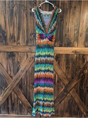 New Directions womens sz medium striped floral sleeveless v-neck maxi dress EUC